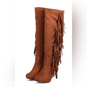 Breckelles Philly-11 Knee High Suede Fringe Stiletto Boot